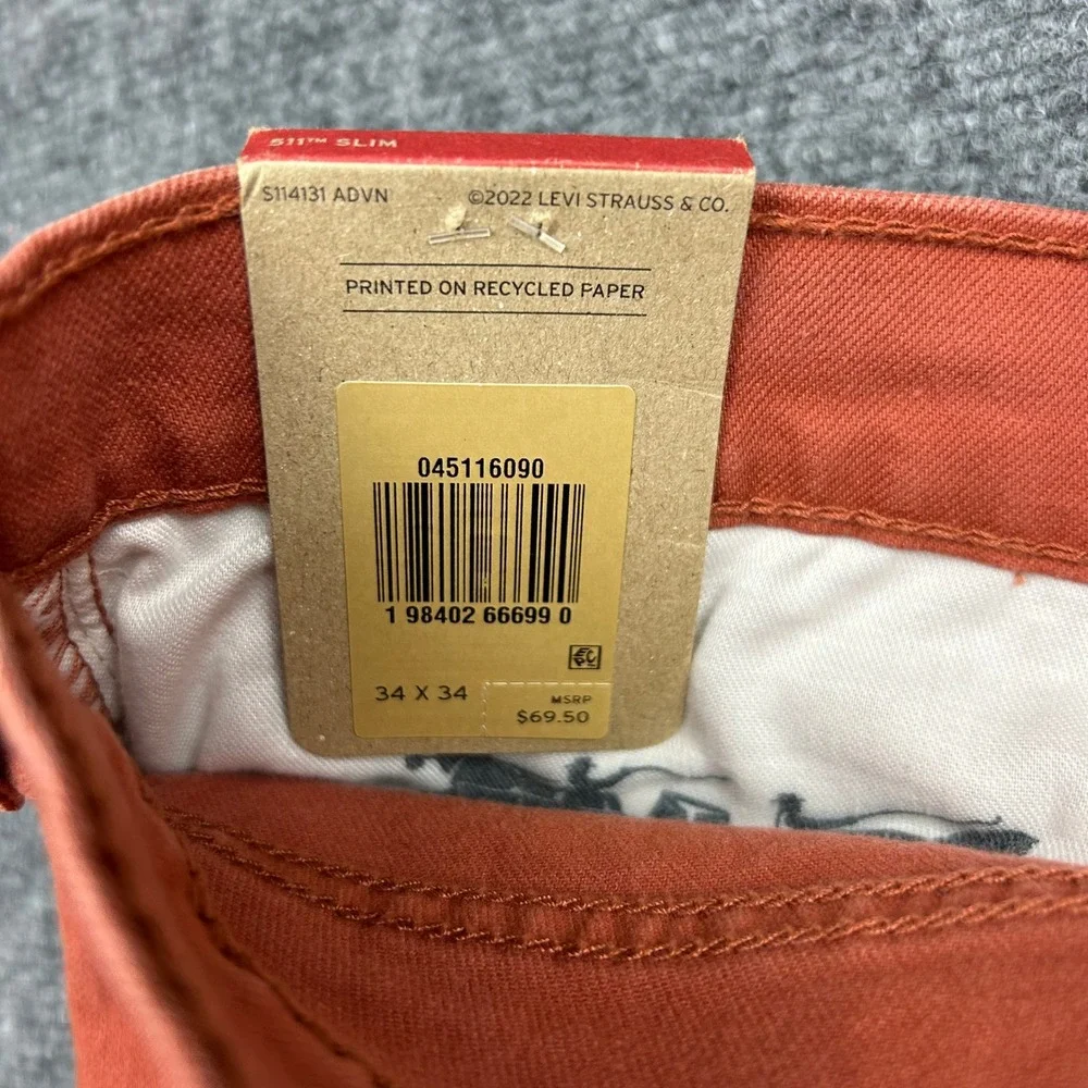 Levis 511 Slim Jeans Mens 36x34 Etruscan Red (Orange) Stretch Twill Pants